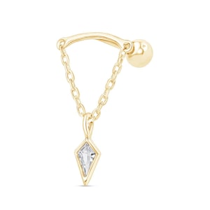 Solid Gold Helix Barbell Earrings with Diamond Charm, 14k Gold Chain Dangle Earing, CZ Gemstone Charm Jewelry for Piercing, Gift for Her