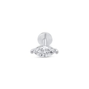 White 14K Gold Lab-Grown Marquise Stud, Flat Back Cartilage Earring for Helix, Tragus Jewelry, Single Gold Women Stud, Gift for Anniversary