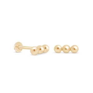 Tiny 14K Gold Trinity Beaded Cartilage Stud Earring, Jewelry for Nose Helix Daith Tragus Lip Conch, Bridesmaid Gift, Threaded 18G Flat Back