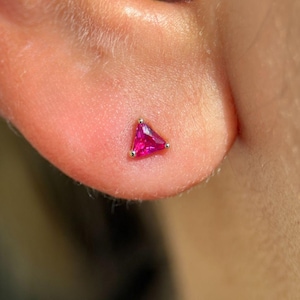 Trillion Cut Ruby Red Stud Earring, 18G Flat Back Earring for Cartilage, Conch, Tragus, Helix Piercing, 14k Threaded Jewellery, Gift For Her