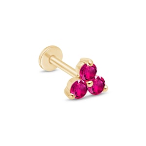 Trio ruby-oorbel voor kraakbeen tragus helix piercing 14k massief gouden platte neus labret stekers voor gevoelige huid en nieuwe piercings