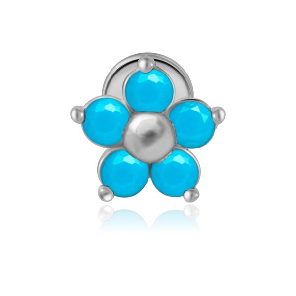 Turquoise Flower Cartilage Earring For Women Flat Back Earring 14k White Gold Helix Piercing Tragus Earring Conch Piercing Jewelry For Men
