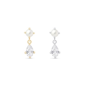 Solid 14K Gold Pearl Drop Earring | Hypoallergenic Flat Back Stud for Cartilage or Lobe Piercing | 18G Internally Threaded | Gift for Her
