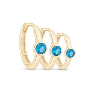 14K Gold Blue Topaz Huggie Hoop Earrings, 6mm/8mm/10mm Bezel Cartilage Hoops, Dainty Stackable Piercing Jewelry, Birthstone Gift for Him