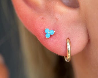 Turquoise Cartilage Flat Back Earring 14K Gold, Trinity Helix Stud, Conch Piercing Jewelry, Gift for Wife