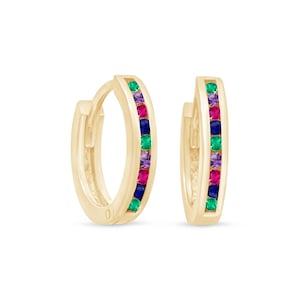 Solid 14k Gold Rainbow Huggie Hoop Earring, 8mm/10mm Multicolor Gemstone, Small Helix or Conch Piercing, Hoops For Her, Single Hoop Only