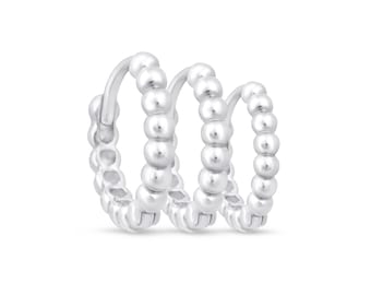 Beaded Huggie Hoop Earring in 14K White Gold, Dainty Lobe Hoop Jewelry in 6MM/8MM/10MM Sizes