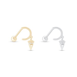Dangling Diamond Spike Charm Ball Back Earring, 14K Yellow or White Gold Cartilage & Lobe Piercing Hoop, Mother's Day Gift for Mom or Her