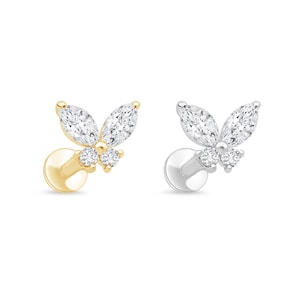 Pendiente de Mariposa y diamante, con espaldo plano, Pendiente de Cartílago, Joyería para Tragus y Helix, Joyeria Fina, Joyeria Minimalista.