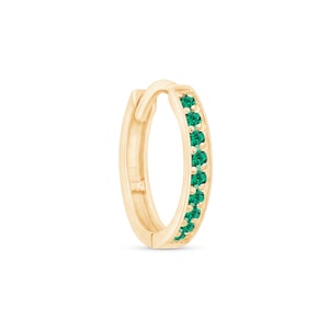 Emerald Huggie 14k Gold, Dainty Green Helix Jewelry, Lab Created Emerald Stone, Minimalist Cartilage Hoop Jewelry, May Birthstone Men Hoop
