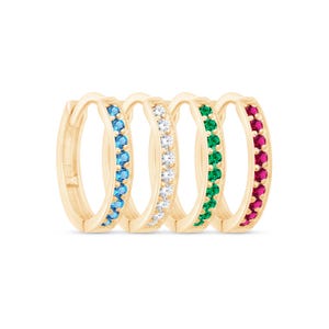 Brinco de argola Huggie com pedra preciosa de ouro de 12 mm, rubi, esmeralda, topázio azul, brinco de cartilagem de ouro 14k para piercings femininos, presente para ele e para ela