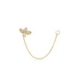 14K Gold Floral Chain Cartilage Earring, Dainty Diamond Leaf Stud with Loop Chain, Helix or Lobe Piercing Jewelry Gift for Her, Solid Gold