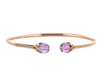Amethyst Cuff Bangle with Diamonds in Solid 14k Rose Gold