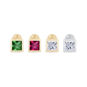 Pendiente de rubí en corte princesa en oro sólido de 14k, ideal para piercing en nariz, hélice, labret y cartílago. Pendiente hipoalergénico