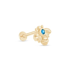 London Blue Topaz Bumblebee Cartilage Stud in 14K Gold Flat Back Earring for Tragus Helix Piercing Hypoallergenic Jewelry for Men & Women