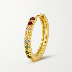 Rainbow Gemstone Hoop Earrings 14K Gold, Multi-Color Huggie Hoops, Dainty Cartilage Earrings for Women, Lightweight Hoops for New Piercing