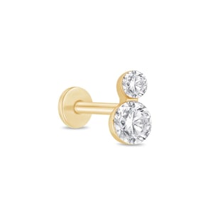 Lab-Grown Diamond Stud, Solid 14K Gold Flat Back Earring,  Helix, Tragus, Cartilage Piercing Jewelry, Two Stone Ear Stack