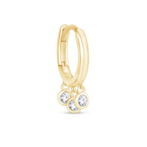 Solid 14K Gold CZ Dangle Charm Huggie, Gemstone Cartilage Hoop for Women, Bridal Drop Earring, Gold Statement Earring Jewelry, Gift For Her