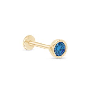 Solid Gold Blue Topaz Flat Back Earring | Bezel Stud for Piercing | Lobe, Helix, Tragus, & Conch Piercing | Hypoallergenic Jewelry Gift