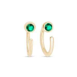 Solid 14k Gold Emerald Huggie Hoop for Mom or Grandma, Cartilage and Upper Lobe Hoop, Helix Huggie, Emerald Jewelry Gift for Mother's Day