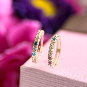 Rainbow Gemstone Hoop Earrings 14K Gold, Multi-Color Huggie Hoops, Dainty Cartilage Earrings for Women, Lightweight Hoops for New Piercing