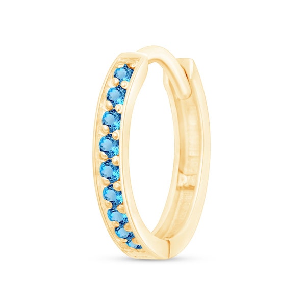 Blue Topaz  Huggie Hoop Earrings 14k Gold Earrings Dainty Hoop Earring Gemstone Earring Minimalist Eternity Hoop Earring Cartilage Hoop 12mm
