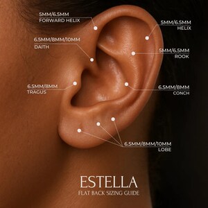 May include: An ear diagram showing piercing locations and sizes in millimetres. Labels include "Forward Helix," "Daith," "Tragus," "Rook," "Conch," and "Lobe." The image also features the brand name "ESTELLA" and the text "FLAT BACK SIZING GUIDE."