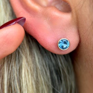 Solid Gold Blue Topaz Flat Back Earring | Bezel Stud for Piercing | Lobe, Helix, Tragus, & Conch Piercing | Hypoallergenic Jewelry Gift