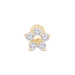 Pendientes de Reespaldo Plano para Cartílago en Forma de Flor con Diamantes Genuinos. Elaborado en Oro Sólido de 14K, con Rosca Interna.