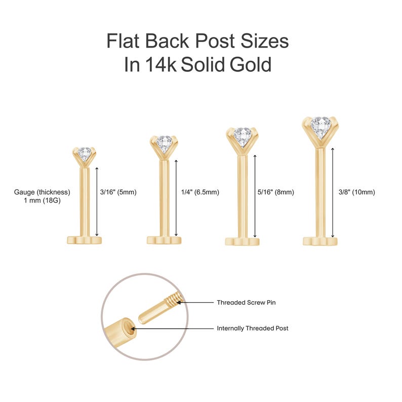 May include: Diagram of flat back post earrings in 14k solid gold. The image shows four earrings with varying post lengths: 3/16" (5mm), 1/4" (6.5mm), 5/16" (8mm), and 3/8" (10mm). Each earring features a diamond and a threaded screw pin.