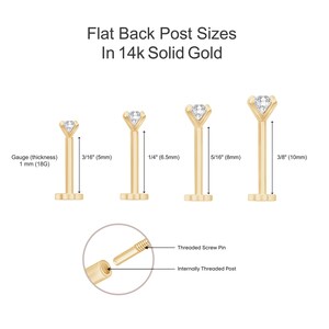 May include: Diagram showing flat back post sizes in 14k solid gold. The image displays four gold posts with diamond tops, with measurements in inches and millimeters. Text reads: Flat Back Post Sizes In 14k Solid Gold.