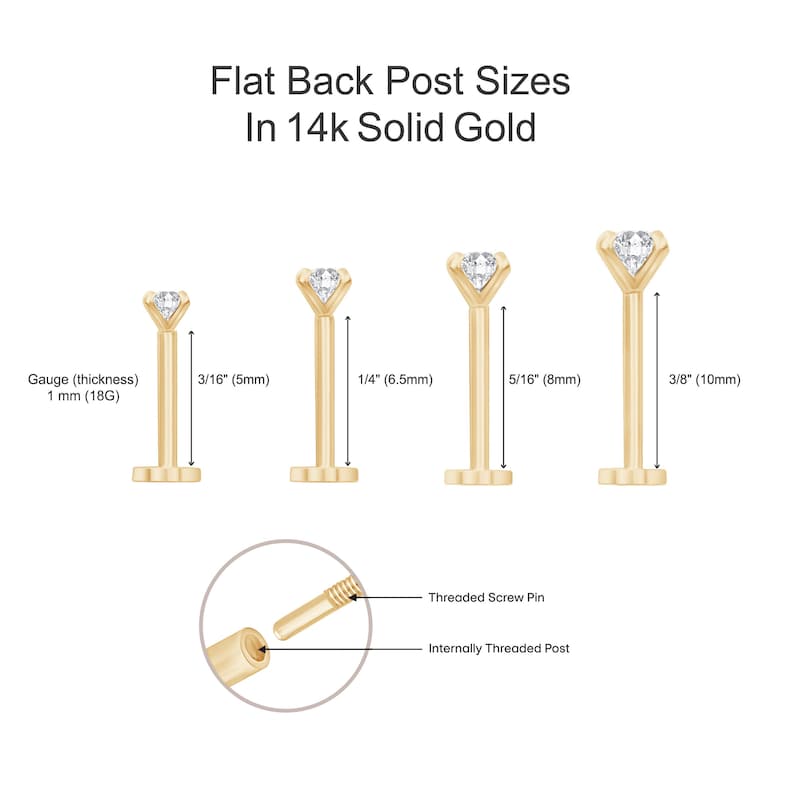 May include: Diagram showing flat back post sizes in 14k solid gold. The image displays four gold posts with diamond tops, with measurements in inches and millimeters. Text reads: Flat Back Post Sizes In 14k Solid Gold.