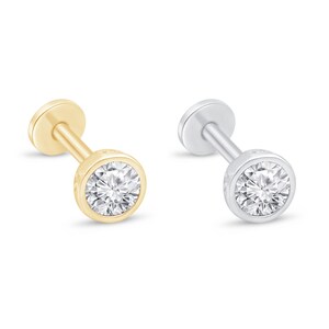 Natural Diamond Solitaire Bezel Stud in 2mm, 2.5mm & 3mm, 18G Flat Back Threaded Earring, Hypoallergenic 14k Gold Labret Stud For Piercings