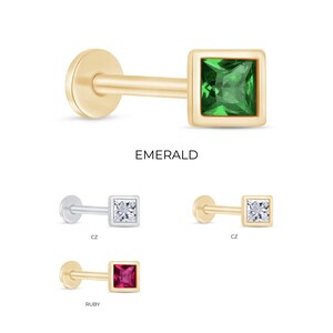 Pendiente de rubí en corte princesa en oro sólido de 14k, ideal para piercing en nariz, hélice, labret y cartílago. Pendiente hipoalergénico