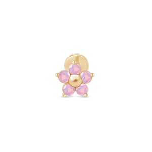 Pink Opal Flower Cartilage Earring in 14K Solid Gold for Helix Lobe Tragus Piercing Flat Back Stud Hypoallergenic Jewelry for Sensitive Ear