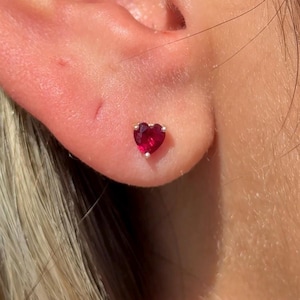 Sparkling 14k Gold Heart Small Stud Earring, Red Ruby Tragus Helix Piercing Jewelry, Birthday Gift for Her