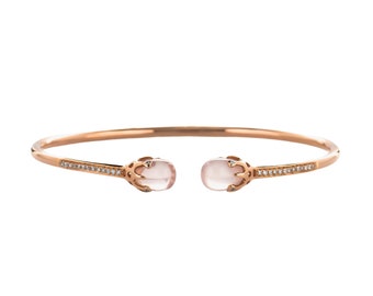 14k Rose Gold and Diamond Cuff Bracelet With Rose Quartz