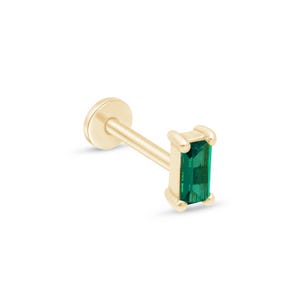 Baguette Cut Emerald Earring, 14k Solid Gold Hypoallergenic Jewelry, Green Emerald Stud for Conch and Helix Piercing, 18G Flat Back Stud