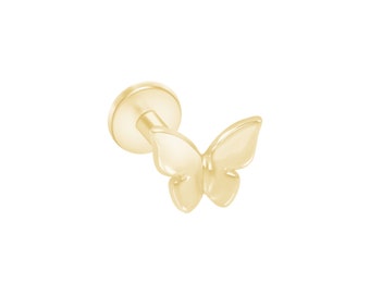 14k Gold Butterfly Cartilage Stud Earring Helix Conch Tragus Stud Earring Women Flat back Piercing Earring Internally Threaded jewelry Gift