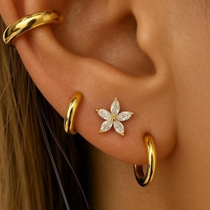 Floral Marquise Flat Back Stud Earring in 14K Solid Gold, Helix Cartilage Lobe Piercing Jewelry, Minimal Gift for Her or Mom