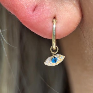 14k Gold Blue Sapphire Evil Eye Huggie Hoop Earring - Cartilage/Helix