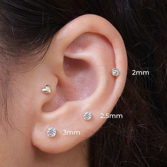 14K Gold Flat Screw Back Stud Earrings Small Cubic Zirconia Earrings for  Helix Cartilage Tragus Earlobe Piercing, 3MM