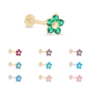 Personalized Gemstone Flower Cartilage Stud, Dainty 14K Gold Helix, Tragus, or Labret Stud, Custom Stone Floral Piercing Jewelry for Women