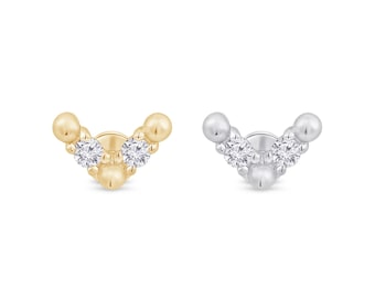 V-Shape CZ Flat Back Stud Earring in 14K Solid Gold, Helix Lobe Conch Piercing Jewelry, Beaded Minimal Birthday Gift for her
