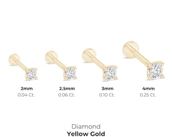 Genuine Diamond 4-Prong Tragus Solitaire Stud Earring, 14k Yellow Gold, Internally Threaded 18G Flat Back Jewelry, Gift for Men or Women