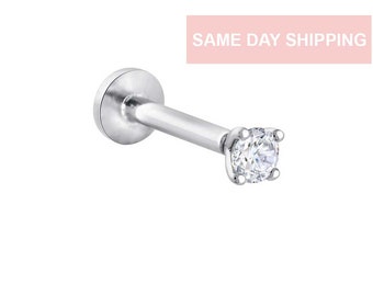 Genuine Diamond Cartilage Tragus Solitaire Stud Earrings/2MM/14K White Gold / Daith Conch Helix Piercing / Internally Threaded Flat Back