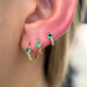 Gold Emerald Huggie Hoop Earring | 6mm, 8mm, 10mm Green Bezel-Set Cartilage Hoop | Earring for Helix, Conch, or Lobe | Dainty Gift Jewelry