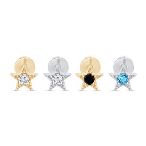Star Design 14K Gold Cartilage Earring – Hypoallergenic Threaded Stud with CZ, Onyx & Blue Topaz – Perfect Piercing Gift For Him and Her