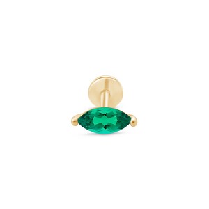 Solid 14k Gold Green Emerald Marquise Stud Earring, Flat Back Earring for Helix, Conch, Tragus Piercing, Threaded Jewelry Gift for Men/Women