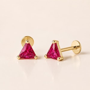 Trillion Cut Emerald Flat Back Earring in 14K Gold, Cartilage Helix Tragus Piercing Stud, Minimal Jewelry Gift for Her